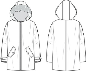 Unisex Hooded Coat. Technical fashion illustration. Front and back, white color. Unisex CAD mock-up. © DERYA