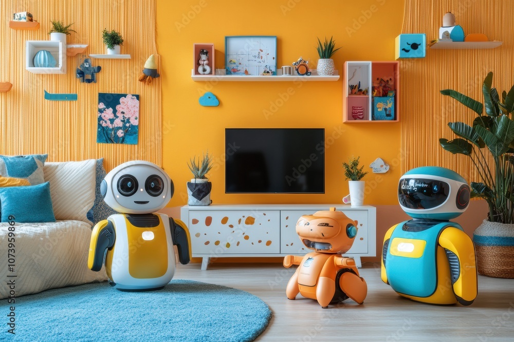 Aufkleber friendly robots engage with children in a vibrant, cheerful room filled with imaginative decor and p