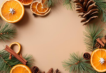 Festive Holiday Scene with Cinnamon, Oranges, and Pine
