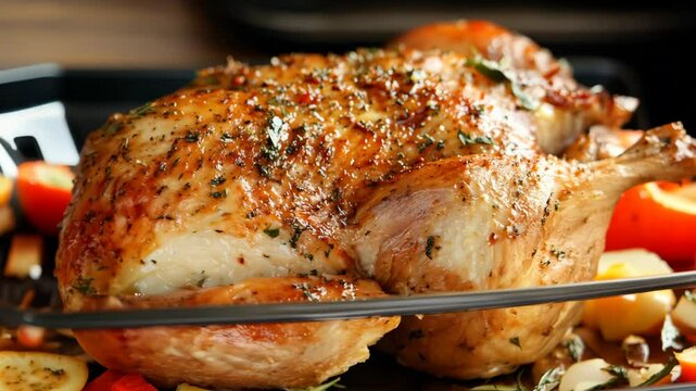 Whole roasted chicken with herbs and vegetables