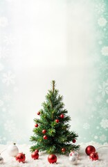 Obraz premium Small green Xmas tree with red ornaments on white snow. Pine branch decorated with baubles. Festive winter holiday celebration. Christmas background for greeting cards, postcards, web design.