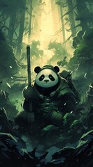 Panda fighter in the middle of the forest. Cartoon style. Generative AI.