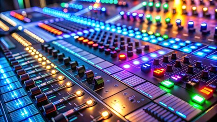 A futuristic audio control panel with knobs, sliders, and visualizers, each component glowing as it processes live podcast audio