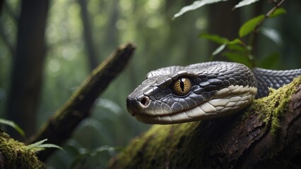 Obraz premium Close-up of a calm snake resting on a mossy log in a green forest