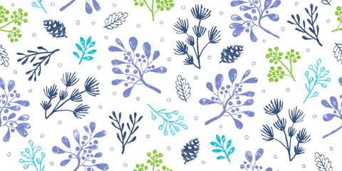 Christmas floral pattern. Seamless mistletoe pine branch berry vector. Crayon pastel plant. Winter Christmas flower background. Green blue chalk holiday design. Crayon childish element. Cute pattern
