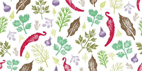 Spice pepper pattern. Food seasoning and herb sketch. Indian cook background. Crayon kitchen ingredient vector texture. Seamless hand drawn chalk doodle pattern. Spice pepper seasoning background © Olga Che