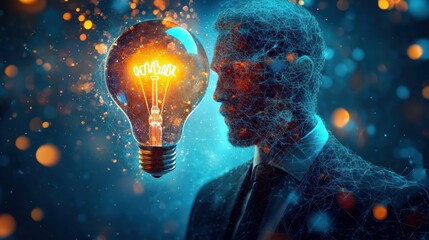 Creative Business Concept With Glowing Light Bulb and Digital Wireframe Silhouette of Businessman