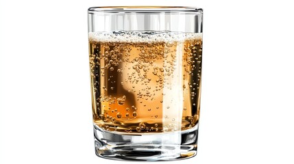 Effervescent bubbly drink in a glass with refreshing amber hue and floating carbonation bubbles.