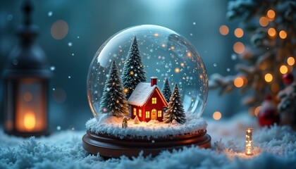 Fototapeta premium Snow globe with red house, trees and falling snow. Winter holiday decoration. Festive Christmas scene for greeting card, banner, or background. New Year celebration design, winter wonderland.