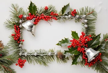 Silver Bell and Holly Frame on White Background
