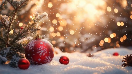 Festive Christmas Scene with Red Ornament and Snowfall in Winter Wonderland Setting