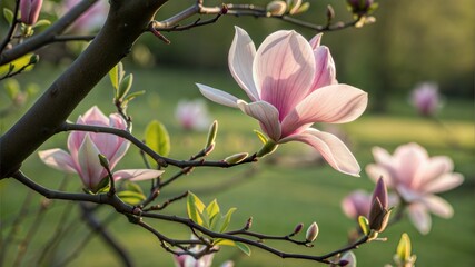 Pink magnolia blossoms on tree branch in sunlight