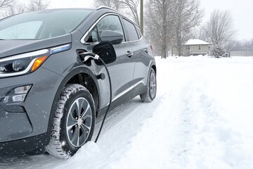 Electric Car Charging at Home in a Snowy Suburban Neighborhood on a Winter Day