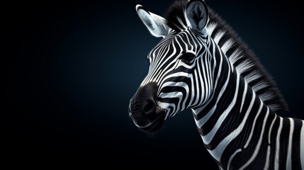 Close-up portrait of a zebra on a black background. Looks to the side. Generative AI