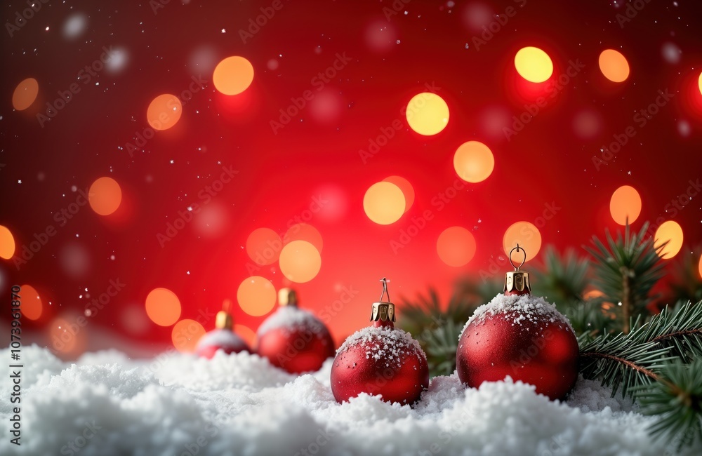Aufkleber red christmas ornaments covered in snow and decorated with sparkles on a background of red with boke