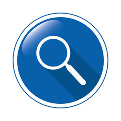 Magnifying glass icon on blue button isolated on transparent or white background, vector illustration.