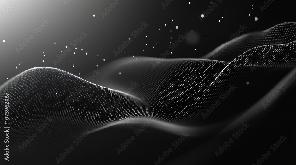 Poster abstract 3d wave of white dots on a dark background. futuristic digital data visualization concept.