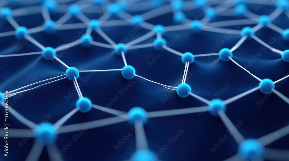 Poster close-up of abstract 3d network structure with blue nodes and white connections.
