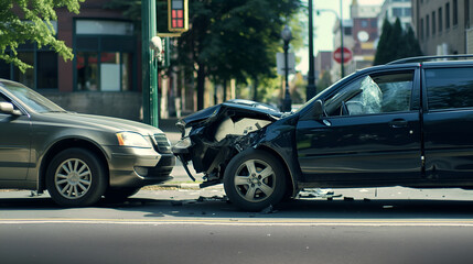 Auto accident involving two cars on a quiet, tree-lined city street in a residential neighborhood during late summer – silver car with front-end damage collides with black car.