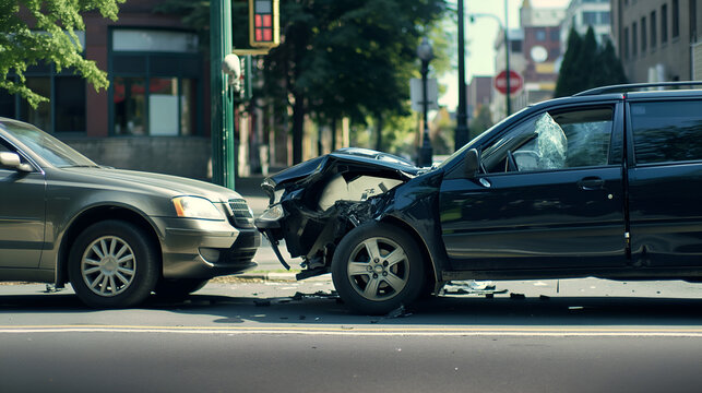 Auto accident involving two cars on a quiet, tree-lined city street in a residential neighborhood during late summer &ndash; silver car with front-end damage collides with black car.