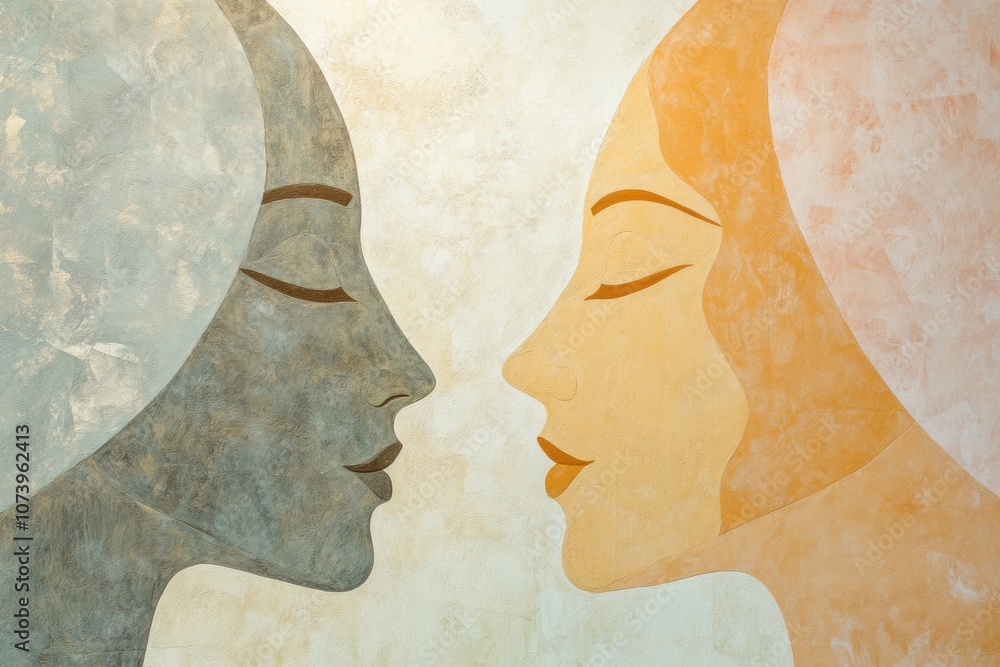 Poster Silhouettes of two faces in soft pastel tones evoke a sense of empathy and open dialogue, illustrating connection and understanding. Generative AI