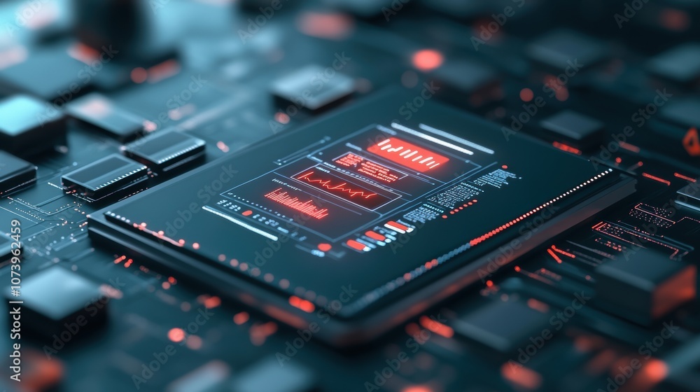 Aufkleber close-up of futuristic tablet interface on a digital motherboard with data visualization. concept of