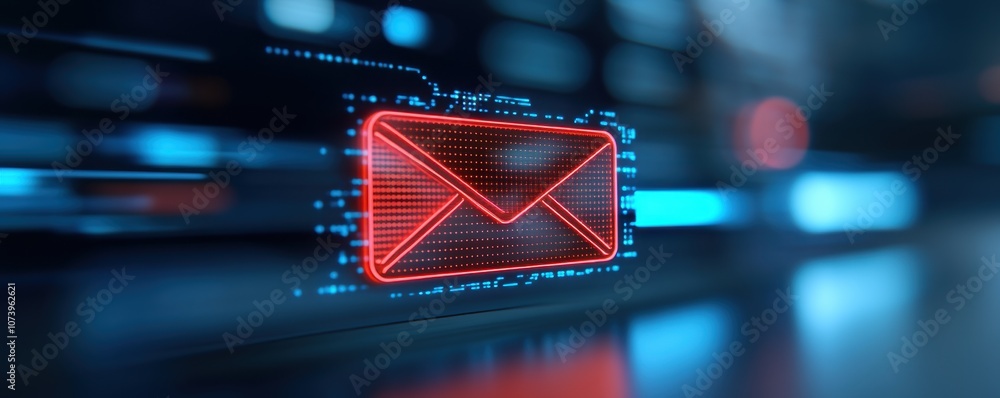Poster digital email icon glowing in red with futuristic interface. abstract technology background