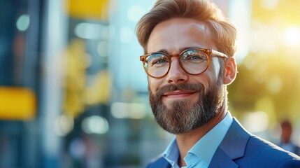 Confident Businessman Smiling Outdoors in Sunlit Urban Setting with Glasses and Beard