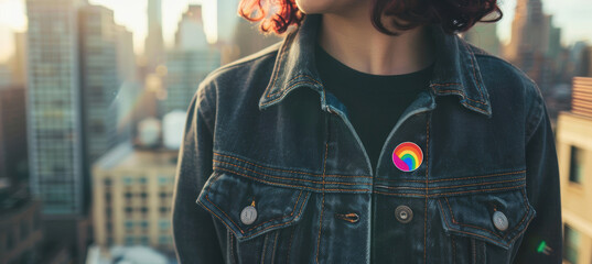 Urban Pride Expression: Non-binary Individual Wearing Rainbow Pin with Cityscape Background