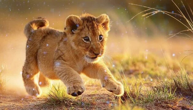video of cute baby lion cub running in the grass
