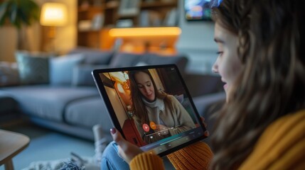 Young Woman Watching Charity Event Livestream on Tablet for Interactive Fundraising