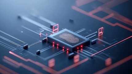 Close-up of fingerprint scanner technology on microchip circuit board