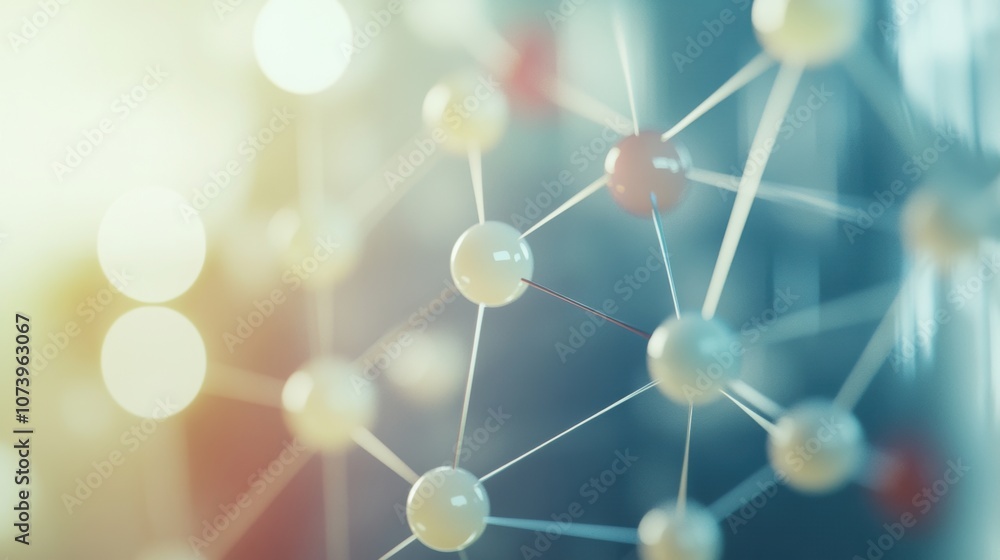 Poster molecular structure model with connected spheres and blurred background. science and technology conc