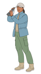 African American women birdwatching with spotting scope  in outdoor clothes