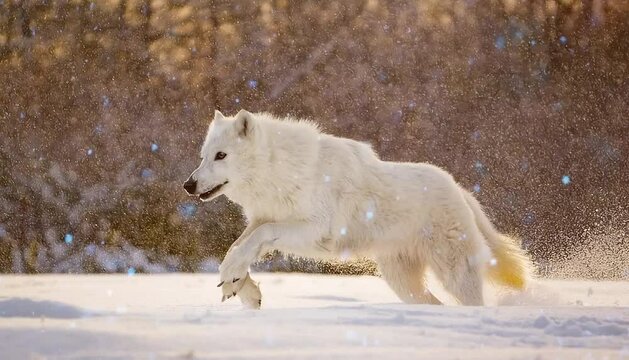 video: white wolf running through snowy landscape