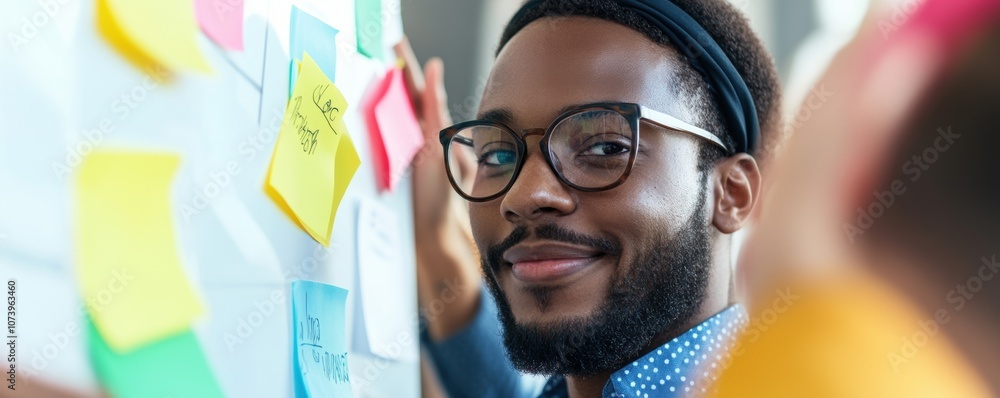 Poster portrait of smiling man with glasses brainstorming with sticky notes on board.