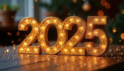 Gold, glittering 2025 numbers on wooden table. New Year celebration design. Festive decorations, lights, modern and stylish. Perfect for greetings cards, posters, social media.