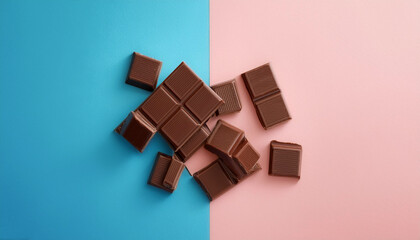 Milk chocolate pieces, isolated on a soft blue and Pink Pastel