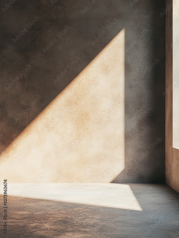 Poster Soft light streams through a window, casting a dramatic shadow and illuminating the textured walls of a tranquil space. Generative AI