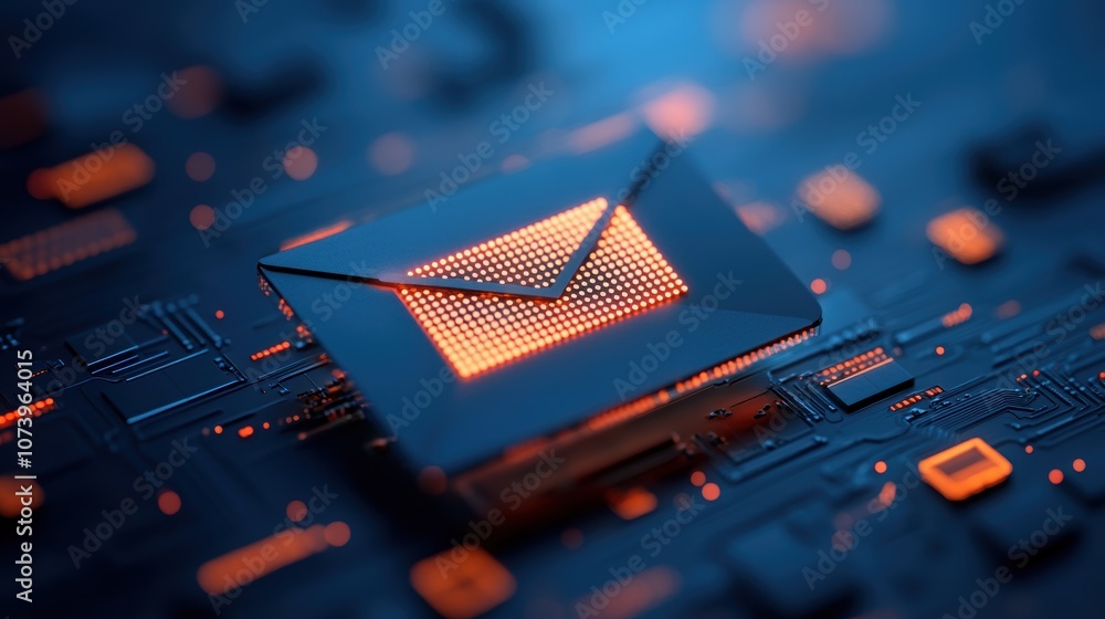 Poster 3d icon of a glowing envelope on a microchip surface with orange led lights.