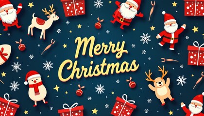 Christmas pattern with Santa Claus, reindeer, snowman, gift boxes, snowflakes, stars. Perfect for wallpaper, wrapping paper, festive decorations. Christmas decor design, winter holiday illustration.