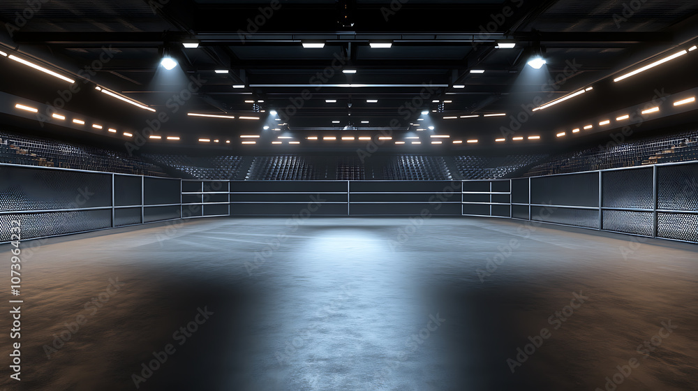Poster 3d rendering of an empty mma arena viewed from the side, featuring complete stands under lighting
