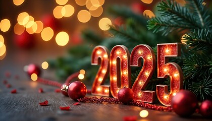 Red illuminated 2025 New Year sign with Christmas lights, ornaments and pine tree branch on wooden table. Festive background for New Year holiday greeting card design, invitation, banner, flyer.