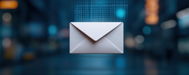 Digital white envelope icon on blurred blue background. Concept of email, communication, and digital messaging.
