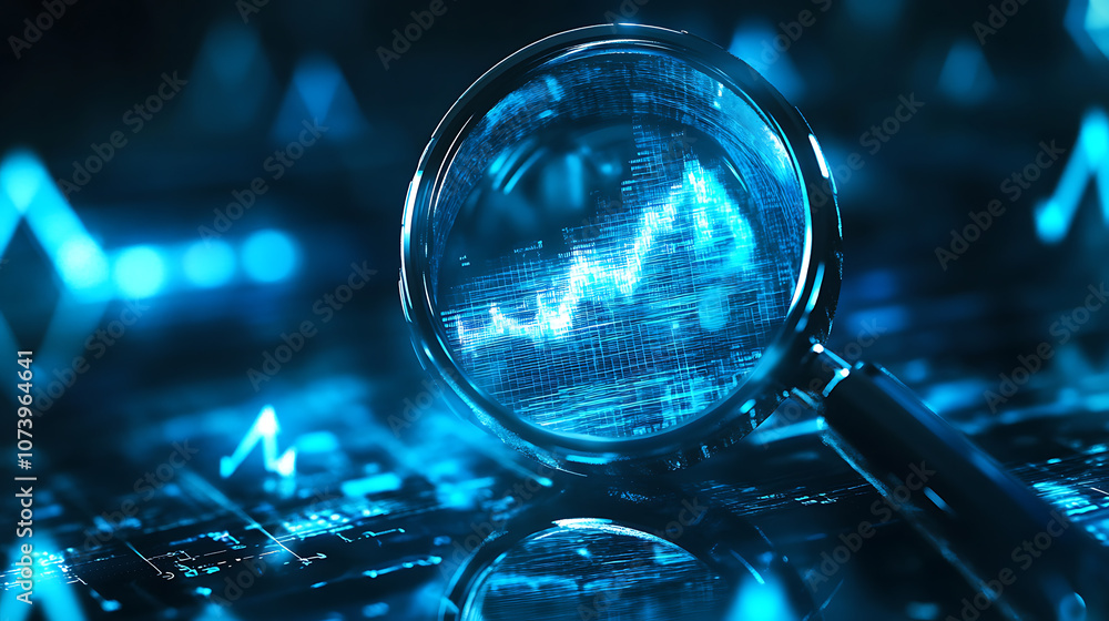 Poster a blue magnifying glass with arrows pointing upwards, symbolizing data analysis and growth in busine