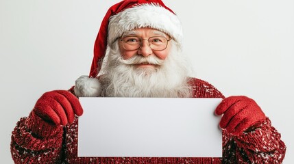 Naklejka premium Jolly Santa Claus Holding a Blank Sign for Personalized Christmas Greetings or Holiday Celebrations