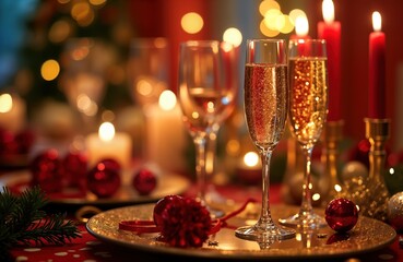 Champagne flutes on table setting for festive Christmas celebration. Golden glitter decorates table and red baubles and candles add touch of elegance. Glasses of sparkling wine are ready for toast.