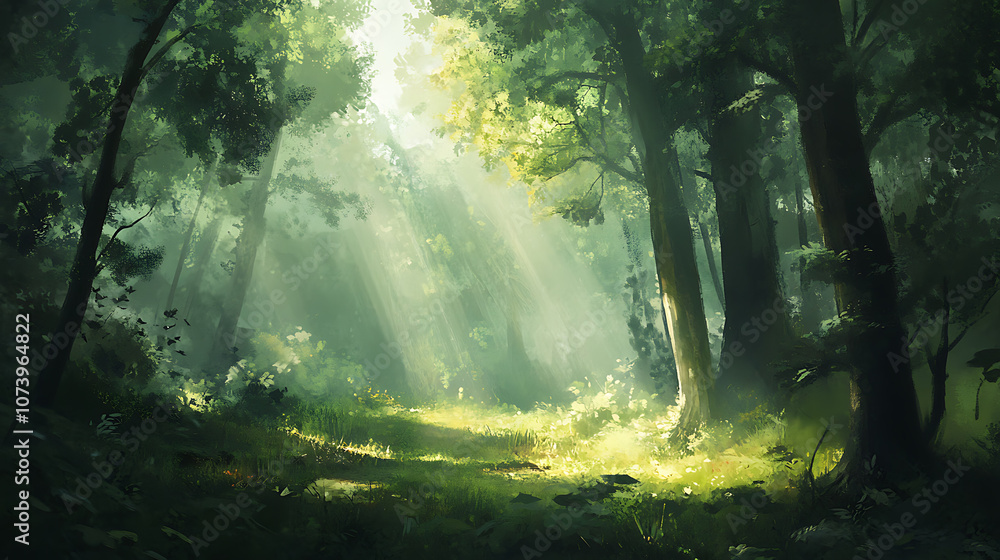 Poster a lush green forest with tall trees and sunlight filtering through the leaves, creating dappled ligh