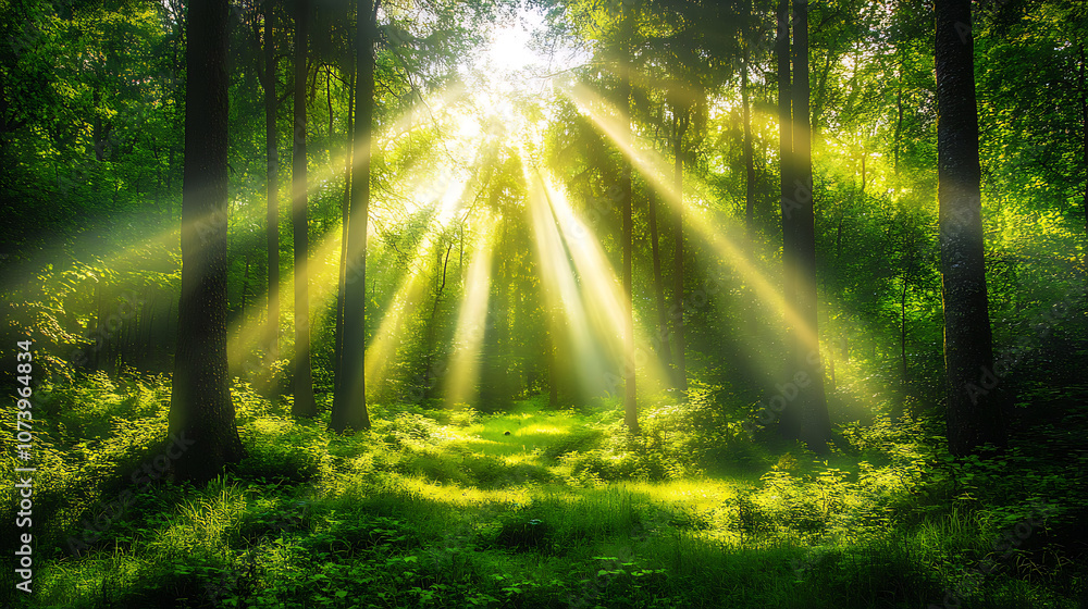 Aufkleber a lush green forest with tall trees and sunlight filtering through the leaves, creating dappled ligh