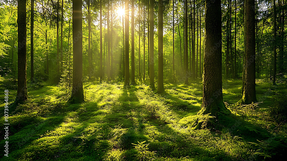 Poster a lush green forest with tall trees and sunlight filtering through the leaves, creating dappled ligh